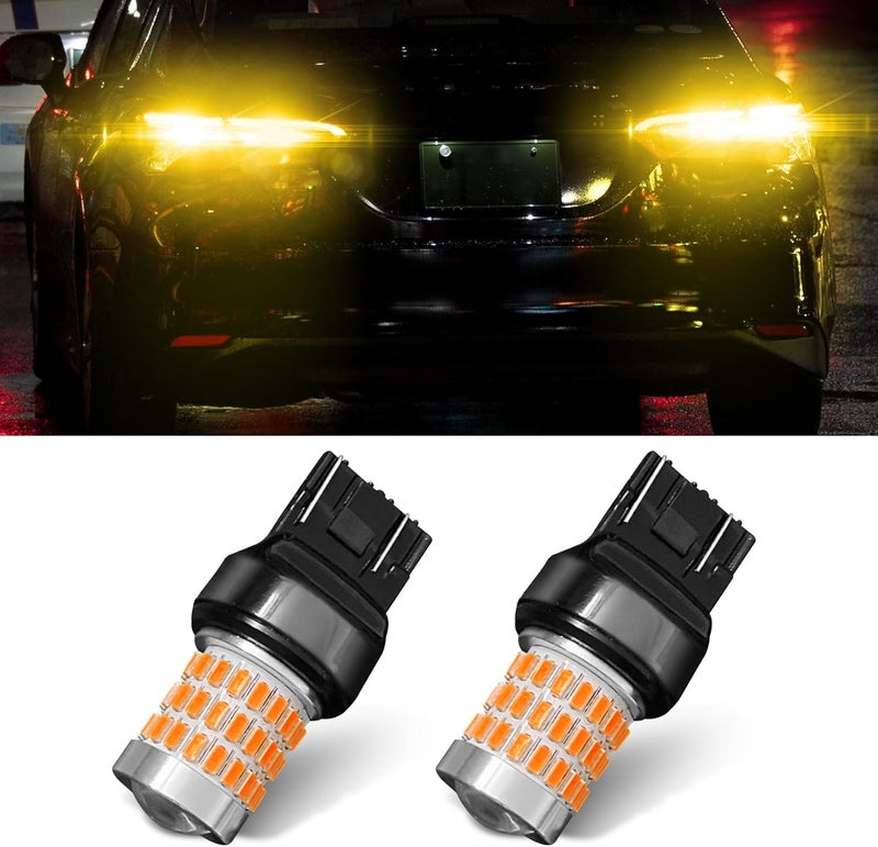 PACLVIO 7443 7440 LED Bulb for Reverse Lights, 2024 Upgraded Super Bright T20 7441 7444 W21W LED Lamps with Projector Lens, Replacement for Backup Tail Brake Parking Lights DRL, Pack of 2 (Yellow) - Image 1